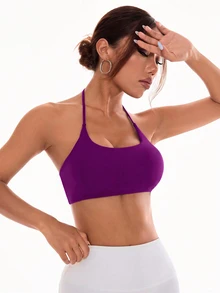 Slayform Slayform Women's Solid Color Criss-Cross Back Halter Neck Sports Bra - Bold Plum - View 4