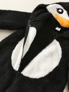 SHEIN Baby Boy Baby Girl Cartoon Penguin Design Colorblock Hooded Footed Jumpsuit, Versatile Comfortable Thermal Lined Thickened For Autumn And Winter - Black and White - View 5