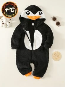 SHEIN Baby Boy Baby Girl Cartoon Penguin Design Colorblock Hooded Footed Jumpsuit, Versatile Comfortable Thermal Lined Thickened For Autumn And Winter - Black and White - View 9