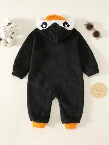 SHEIN Baby Boy Baby Girl Cartoon Penguin Design Colorblock Hooded Footed Jumpsuit, Versatile Comfortable Thermal Lined Thickened For Autumn And Winter - Black and White - View 2