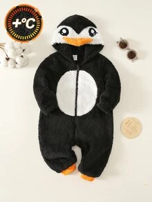 SHEIN Baby Boy Baby Girl Cartoon Penguin Design Colorblock Hooded Footed Jumpsuit, Versatile Comfortable Thermal Lined Thickened For Autumn And Winter - Black and White - View 8