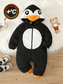 SHEIN Baby Boy Baby Girl Cartoon Penguin Design Colorblock Hooded Footed Jumpsuit, Versatile Comfortable Thermal Lined Thickened For Autumn And Winter - Black and White - View 3