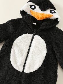 SHEIN Baby Boy Baby Girl Cartoon Penguin Design Colorblock Hooded Footed Jumpsuit, Versatile Comfortable Thermal Lined Thickened For Autumn And Winter - Black and White - View 4