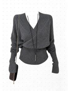 LUMIGAL Women's Solid Color Casual Versatile Daily Wear Long Sleeve Sweater - Grey - View 4