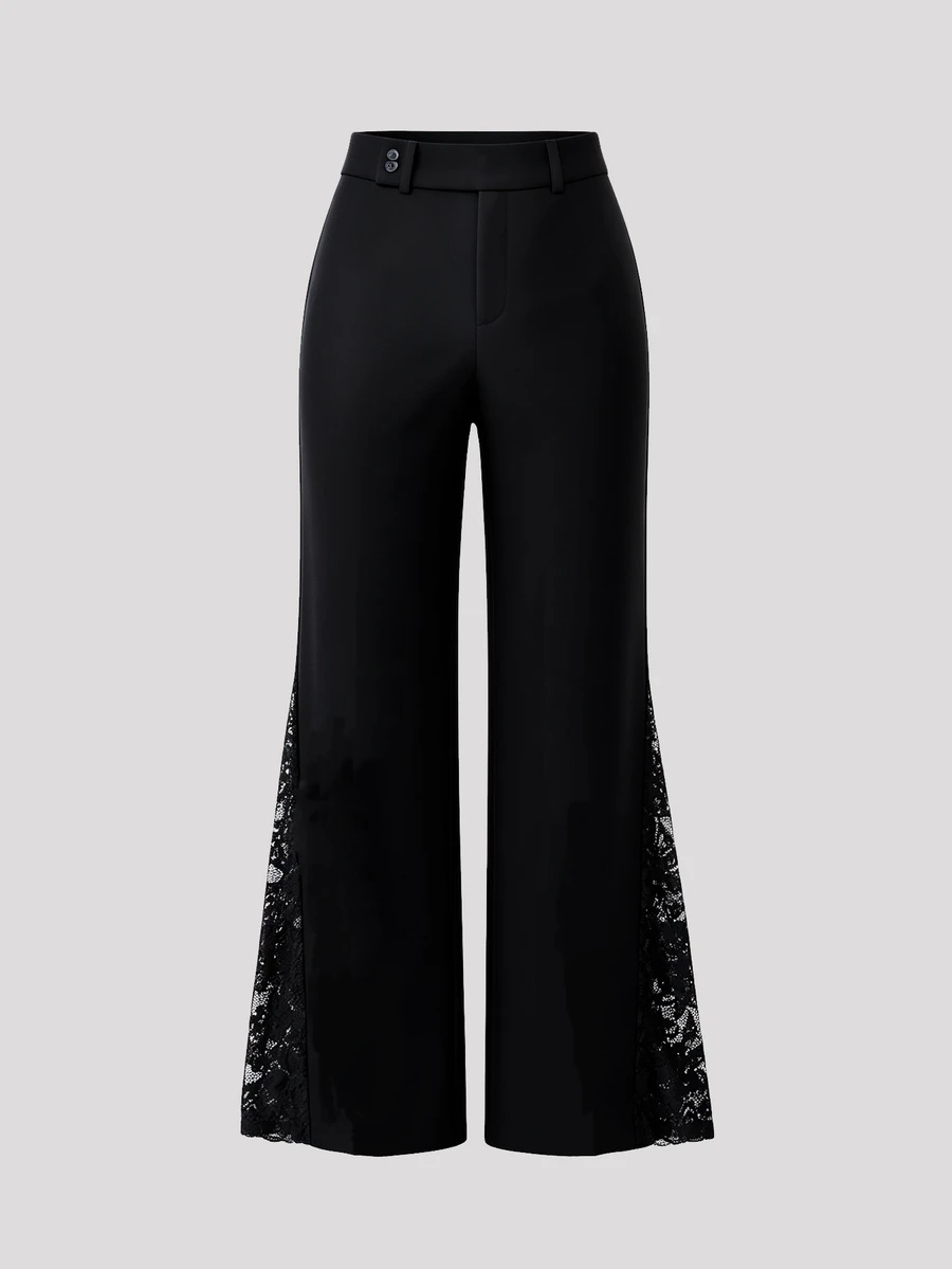 Elamini Women's Fashion Commute Office Lace Patchwork Long Pants Black Autumn French Elegant - Black - View 1