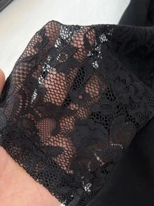Elamini Women's Fashion Commute Office Lace Patchwork Long Pants Black Autumn French Elegant - Black - View 4