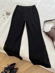 Elamini Women's Fashion Commute Office Lace Patchwork Long Pants Black Autumn French Elegant - Black - View 2