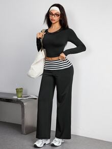 Dewbera Dewbera 女款對比蕾絲長袖T恤與腰部拼接條紋運動褲套裝 - 黑色 - 查看 4