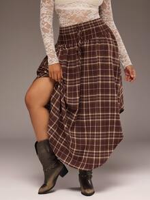 Freevana Plus Size Women's Vintage Plaid Drawstring Waist Skirt Fall - Brown - View 1