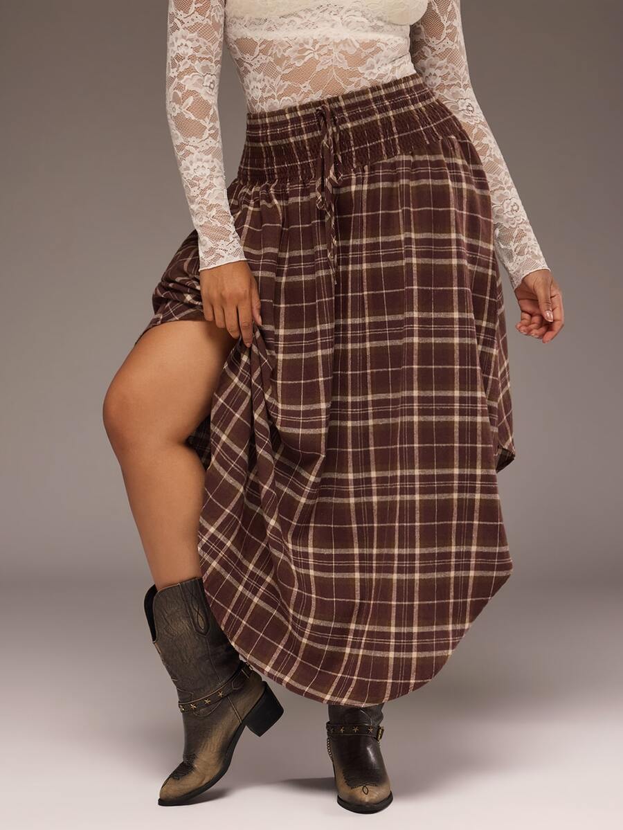 Freevana Plus Size Women's Vintage Plaid Drawstring Waist Skirt Fall - Brown - View 1
