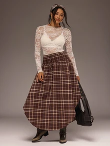 Freevana Plus Size Women's Vintage Plaid Drawstring Waist Skirt Fall - Brown - View 5