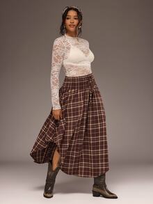 Freevana Plus Size Women's Vintage Plaid Drawstring Waist Skirt Fall - Brown - View 6