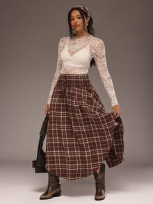 Freevana Plus Size Women's Vintage Plaid Drawstring Waist Skirt Fall - Brown - View 4
