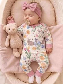 SHEIN Newborn Baby Girl Cute Casual Knitted Floral & Cartoon Pattern Loungewear - Pink - View 2