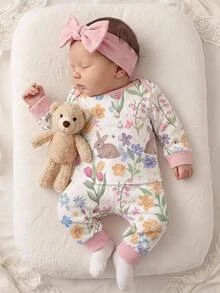 SHEIN Newborn Baby Girl Cute Casual Knitted Floral & Cartoon Pattern Loungewear - Pink - View 3