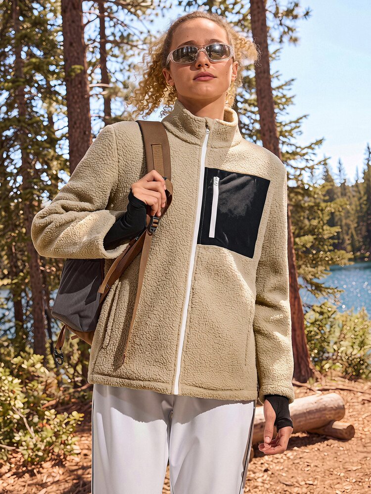 SHEIN Sports Women's Casual Everyday Commute Sports Colorblock Zip-Up High Collar Fleece Jacket, Autumn/Winter - Apricot - View 2
