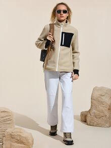 SHEIN Sports 女士休闲日常通勤运动撞色拉链高领羊毛夹克，秋冬 - 杏色 - 查看 5