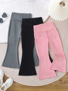 SHEIN Genkimix Kids 3pcs/Set Young Girls High Waisted Flare Pants Pack, Solid Color Stretchy Leggings, Cute Casual Bell Bottom Trousers For Fall Outfits - Multicolor - View 3