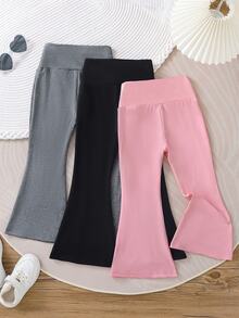 SHEIN Genkimix Kids 3pcs/Set Young Girls High Waisted Flare Pants Pack, Solid Color Stretchy Leggings, Cute Casual Bell Bottom Trousers For Fall Outfits - Multicolor - View 2