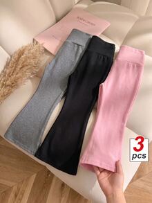 SHEIN Genkimix Kids 3pcs/Set Young Girls High Waisted Flare Pants Pack, Solid Color Stretchy Leggings, Cute Casual Bell Bottom Trousers For Fall Outfits - Multicolor - View 7