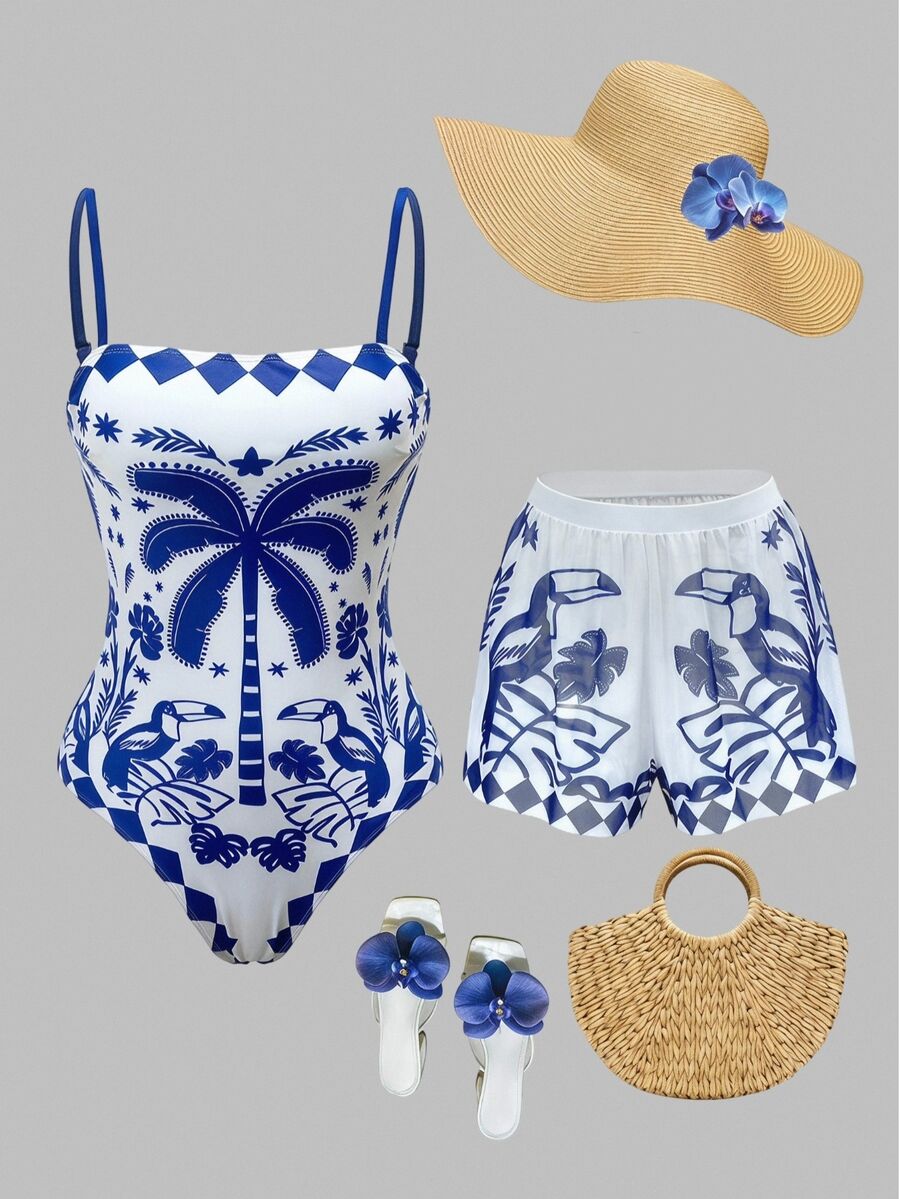 Swim Oasis 女士棕榈树印花吊带连体泳衣，带罩衫短裤，适合度假