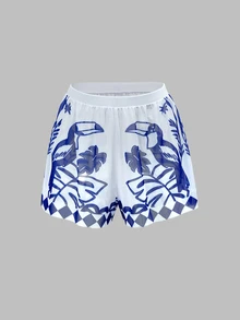 Swim Oasis 女士棕榈树印花吊带连体泳衣，带罩衫短裤，适合度假 - 藍白色 - 查看 7