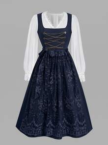 Fairmaia Button Chain Jacquard Beer Festival Dress - Navy Blue - View 9