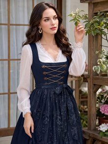 Fairmaia Button Chain Jacquard Beer Festival Dress - Navy Blue - View 8