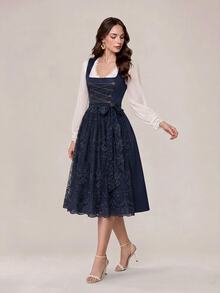 Fairmaia Button Chain Jacquard Beer Festival Dress - Navy Blue - View 6