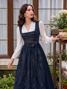 Fairmaia Button Chain Jacquard Beer Festival Dress - Navy Blue - View 2