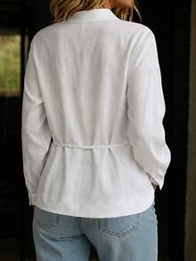 Trelyra Women's Solid Color Drop Shoulder Long Sleeve Side Tie Knot Blouse - White - View 2