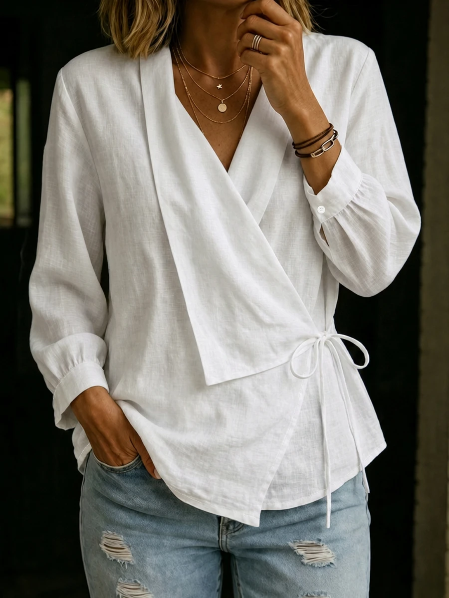 Trelyra Women's Solid Color Drop Shoulder Long Sleeve Side Tie Knot Blouse - White - View 1