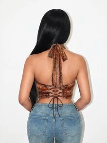 BamGleam Women's Colorblock Hollow-Out Slim Fit Versatile Daily Wear Halter Top - Brown - View 2