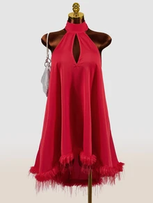 Mistrie Sexy Halter Keyhole Neck Feather Trim Swing Mini Party Club Dress Red - Red - View 4
