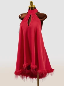 Mistrie Sexy Halter Keyhole Neck Feather Trim Swing Mini Party Club Dress Red - Red - View 6