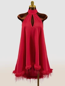 Mistrie Sexy Halter Keyhole Neck Feather Trim Swing Mini Party Club Dress Red - Red - View 5