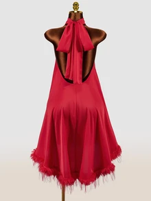 Mistrie Sexy Halter Keyhole Neck Feather Trim Swing Mini Party Club Dress Red - Red - View 3