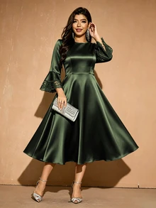 Velvienne Women's Solid Color Round Neck Lace Trim Elegant Dress - Army Green - View 6