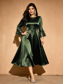 Velvienne Women's Solid Color Round Neck Lace Trim Elegant Dress - Army Green - View 3