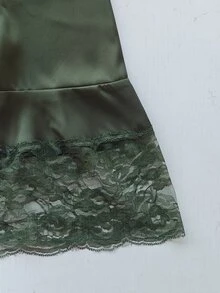 Velvienne Women's Solid Color Round Neck Lace Trim Elegant Dress - Army Green - View 9