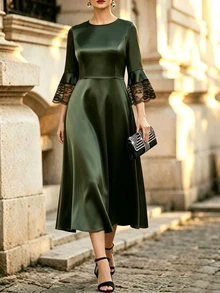 Velvienne Women's Solid Color Round Neck Lace Trim Elegant Dress - Army Green - View 1