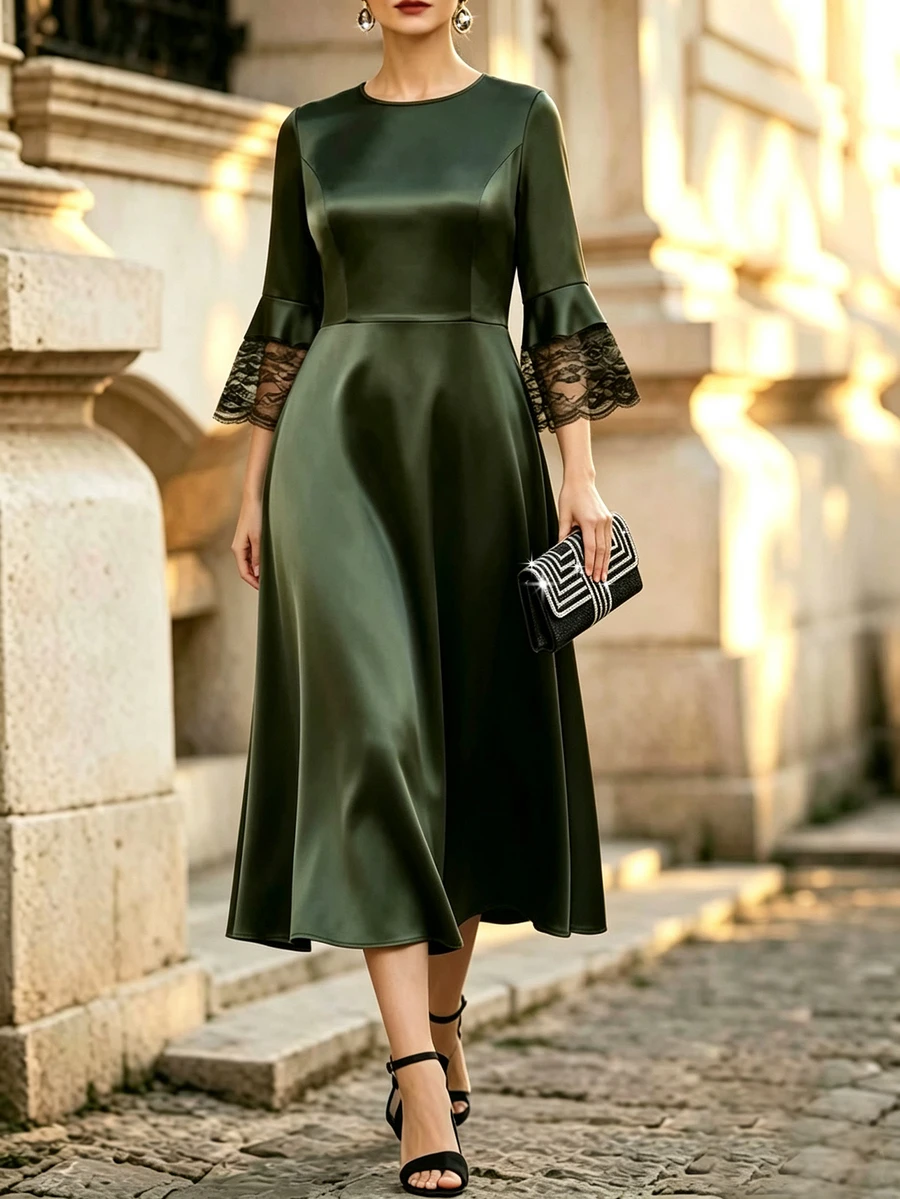 Velvienne Women's Solid Color Round Neck Lace Trim Elegant Dress - Army Green - View 1