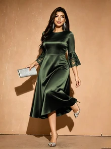 Velvienne Women's Solid Color Round Neck Lace Trim Elegant Dress - Army Green - View 4