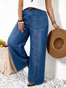 EMERY ROSE EMERY ROSE Plus Size Women's Casual Versatile Daily Wear Denim Jeans With Pockets, Vacation Casual Wide Leg Denim Pants, Country Concert, Beach, Summer, Fall - Blue - View 3