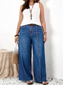 EMERY ROSE EMERY ROSE Plus Size Women's Casual Versatile Daily Wear Denim Jeans With Pockets, Vacation Casual Wide Leg Denim Pants, Country Concert, Beach, Summer, Fall - Blue - View 6