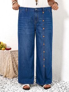 EMERY ROSE EMERY ROSE Plus Size Women's Casual Versatile Daily Wear Denim Jeans With Pockets, Vacation Casual Wide Leg Denim Pants, Country Concert, Beach, Summer, Fall - Blue - View 7