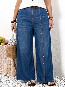 EMERY ROSE EMERY ROSE Plus Size Women's Casual Versatile Daily Wear Denim Jeans With Pockets, Vacation Casual Wide Leg Denim Pants, Country Concert, Beach, Summer, Fall - Blue - View 8