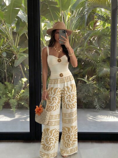 Bonvoyette Conjunto de traje de baño de 2 piezas para mujer con frente fruncido y pantalones estampados con decoración aleatoria de conchas, para vacaciones en la playa