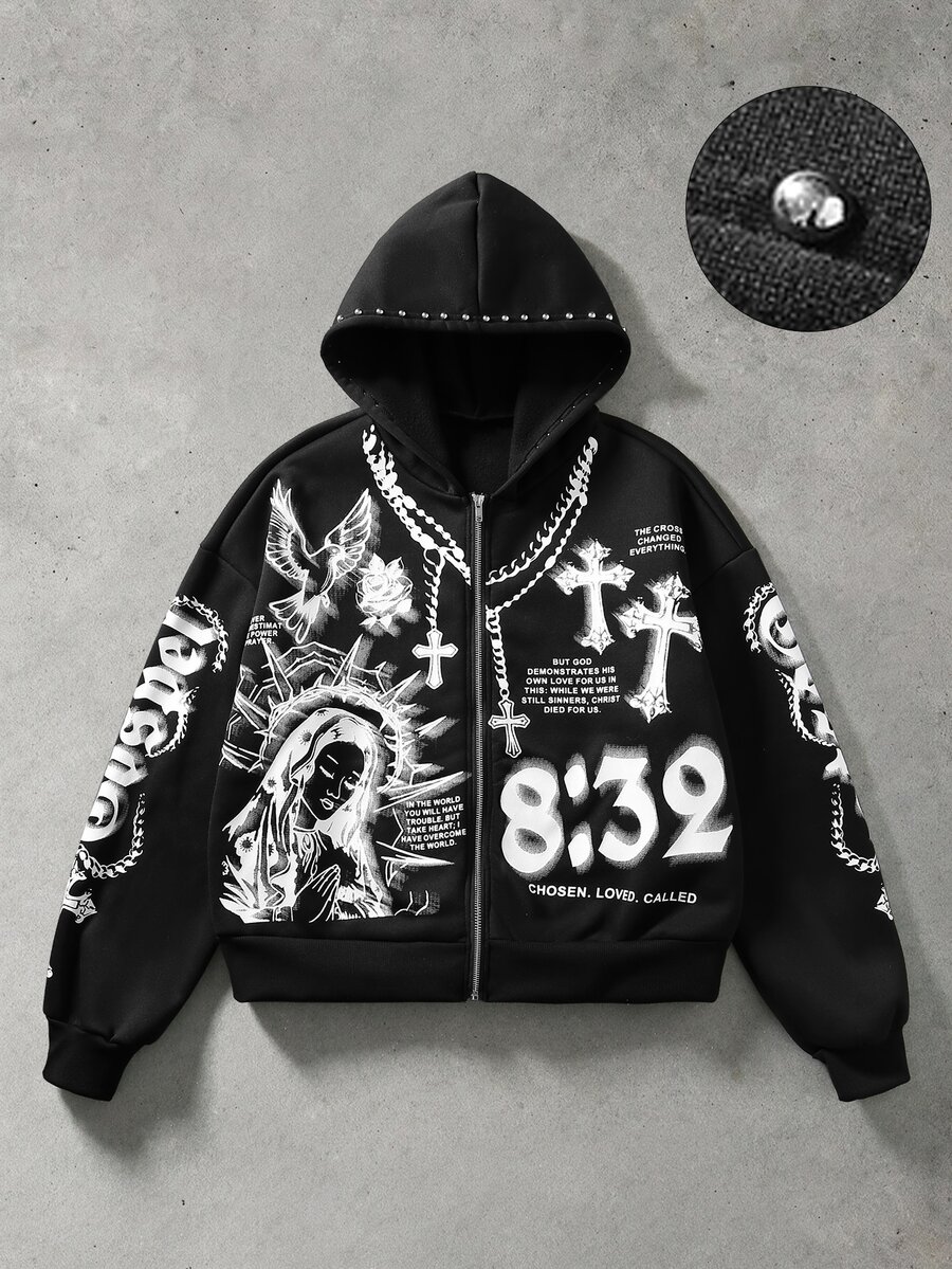 ROMWE MEN Sudadera holgada con estampado de remaches, estilo retro callejero - Negro - Ver 1