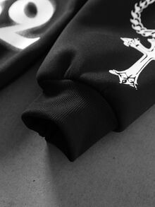 ROMWE MEN 鉚釘裝飾印花圖案寬鬆運動衫 街頭復古風 - 黑色 - 查看 5